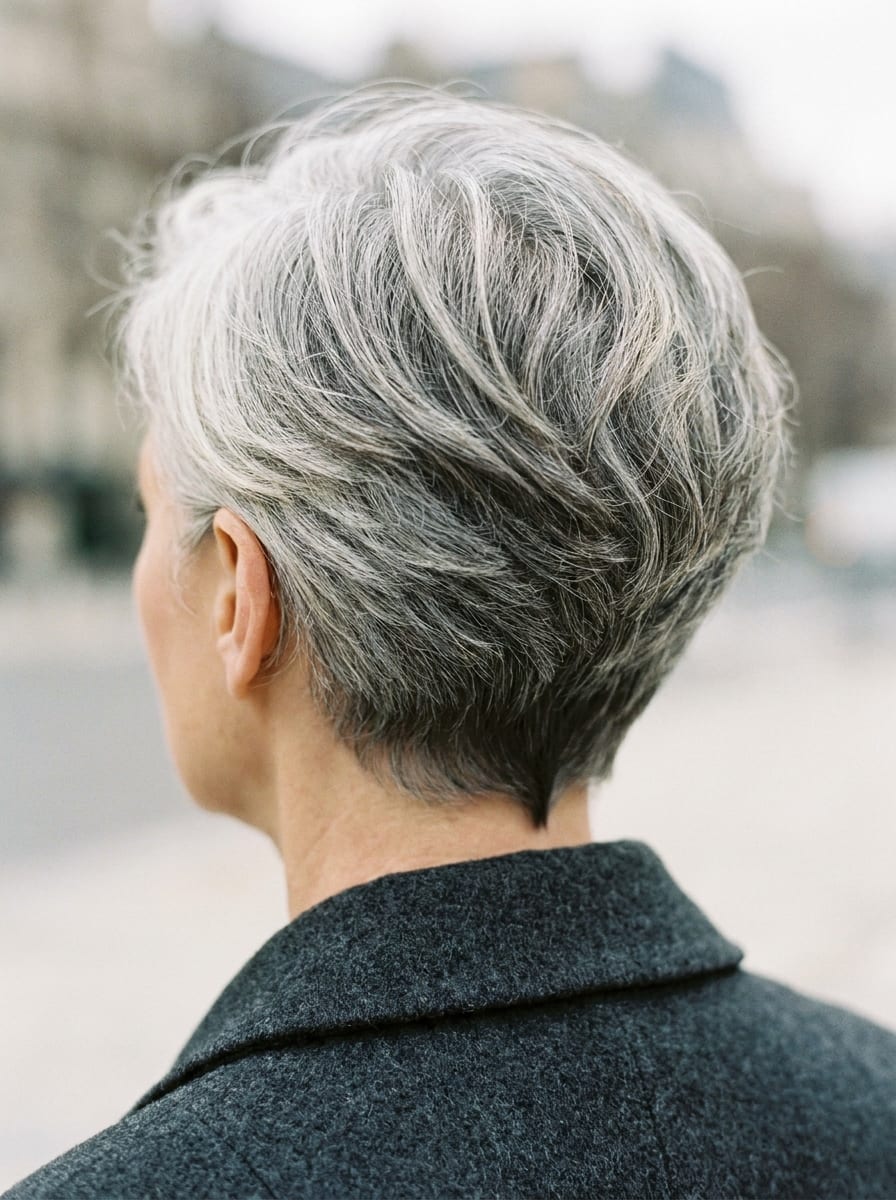 Grauer Pixie von hinten - Kurzhaarfrisur von hinten